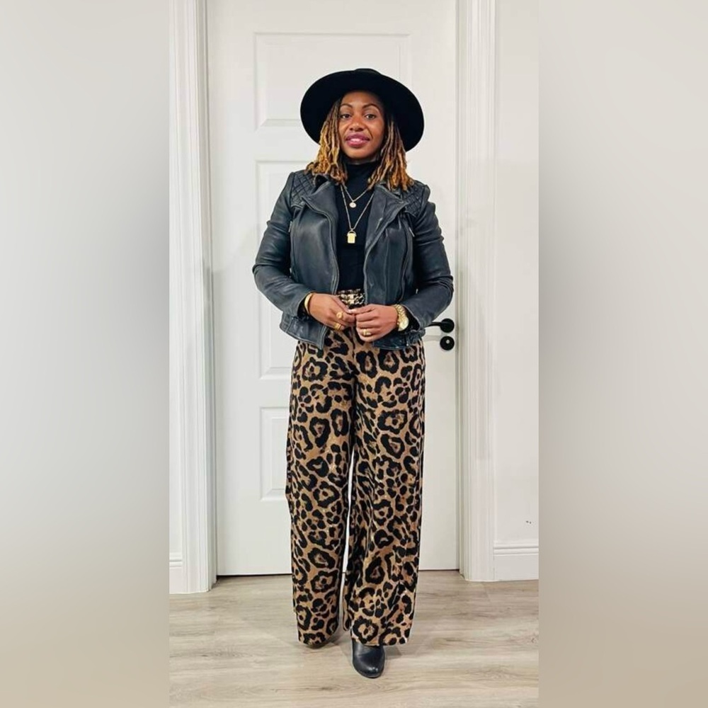 Leopard Brown Black Animal Print High Waisted Wide Leg Women’s Pants Large - Picture 9 of 14